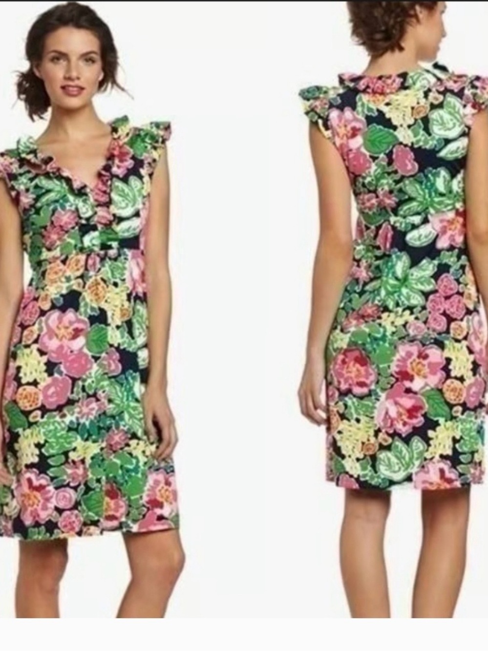 Lilly Pulitzer Navy Floral Ruffle V-Neck Midi Dress